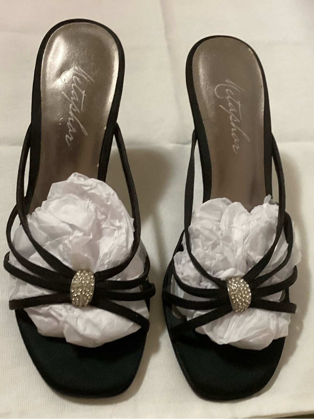 Metaphor Black Strappy Heeled Slides with Crystal Accent
